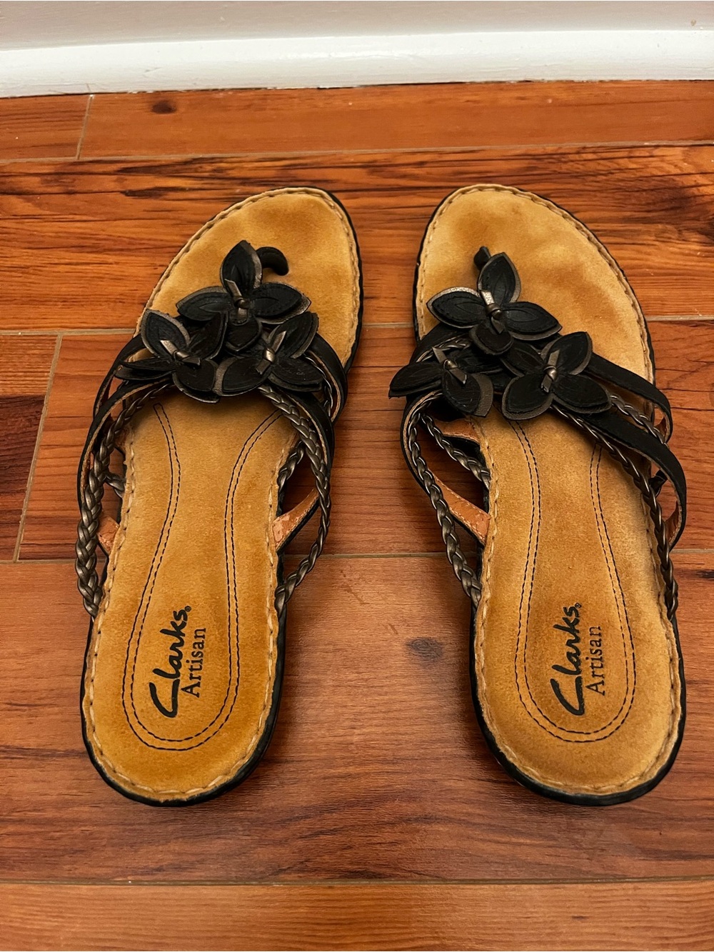 Clarks Brown and Black Floral Leather Slide Sandals